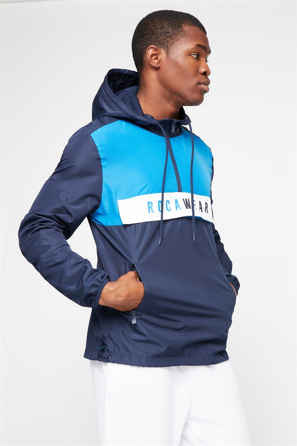 Men Rocawear Colour Block Hooded Drawstring Windbreaker Blue