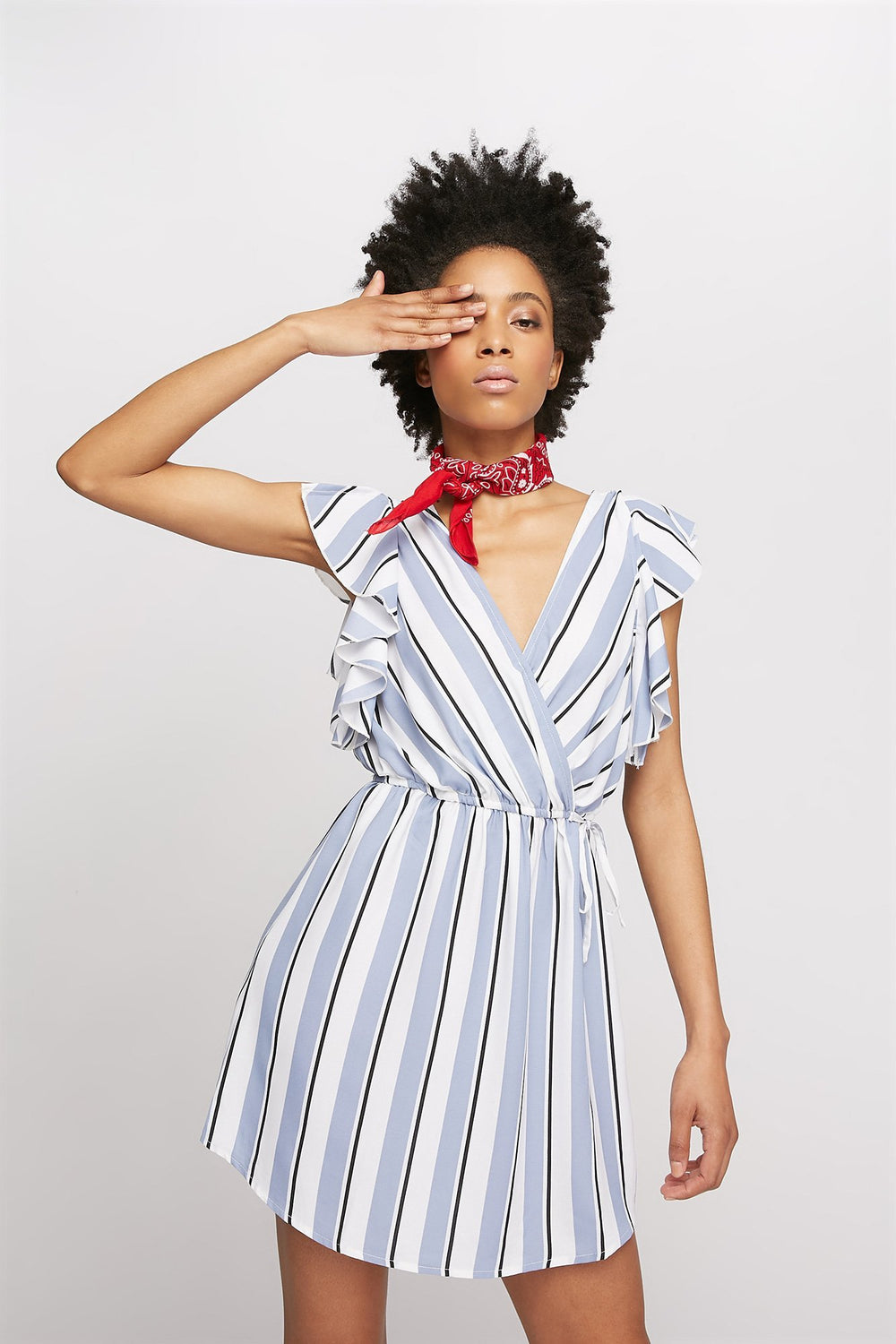 Women Ruffle Faux-Wrap Self-Tie Printed Mini Dress Blue