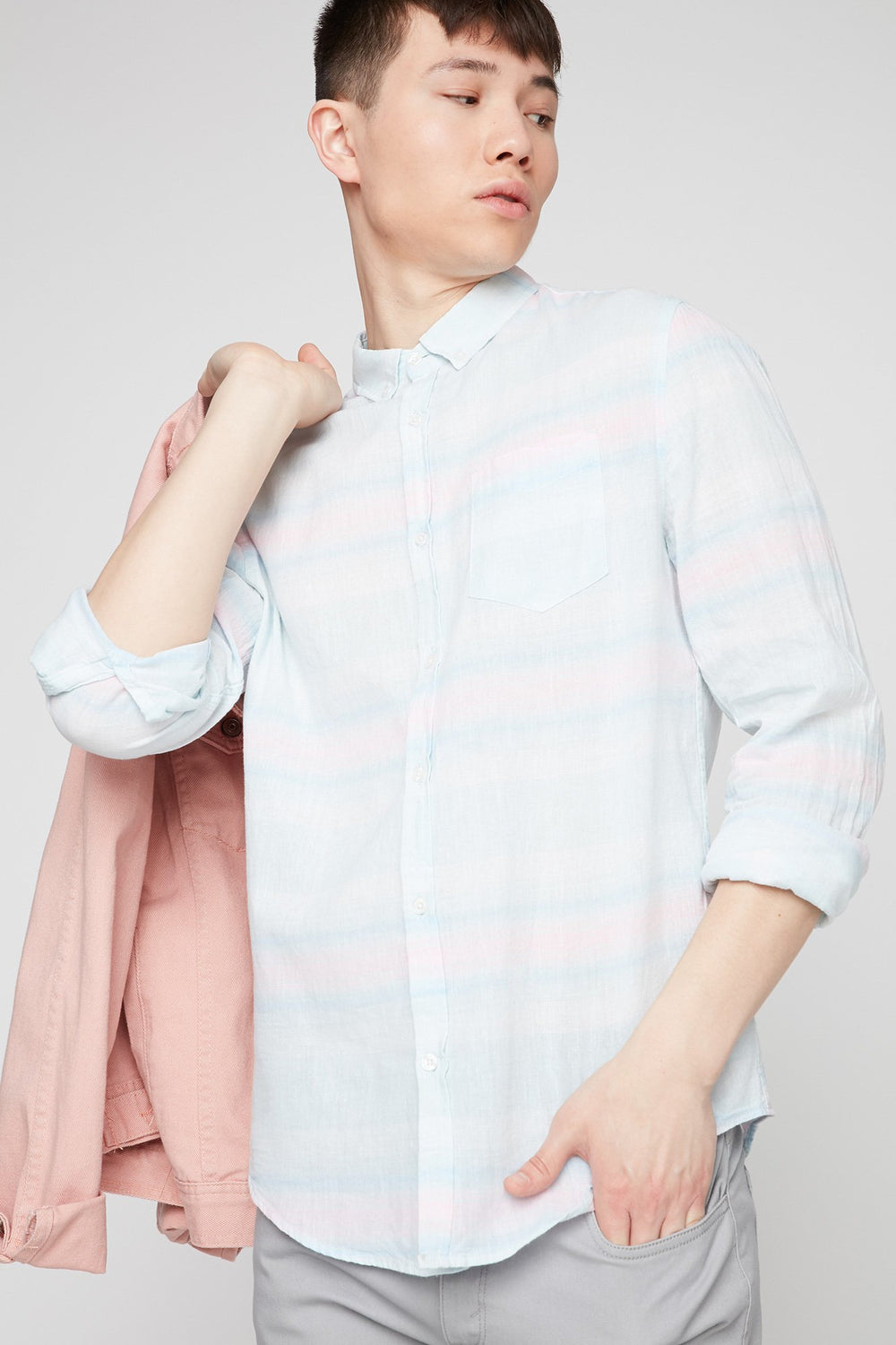 Men Striped Button-Up Linen Shirt Blue
