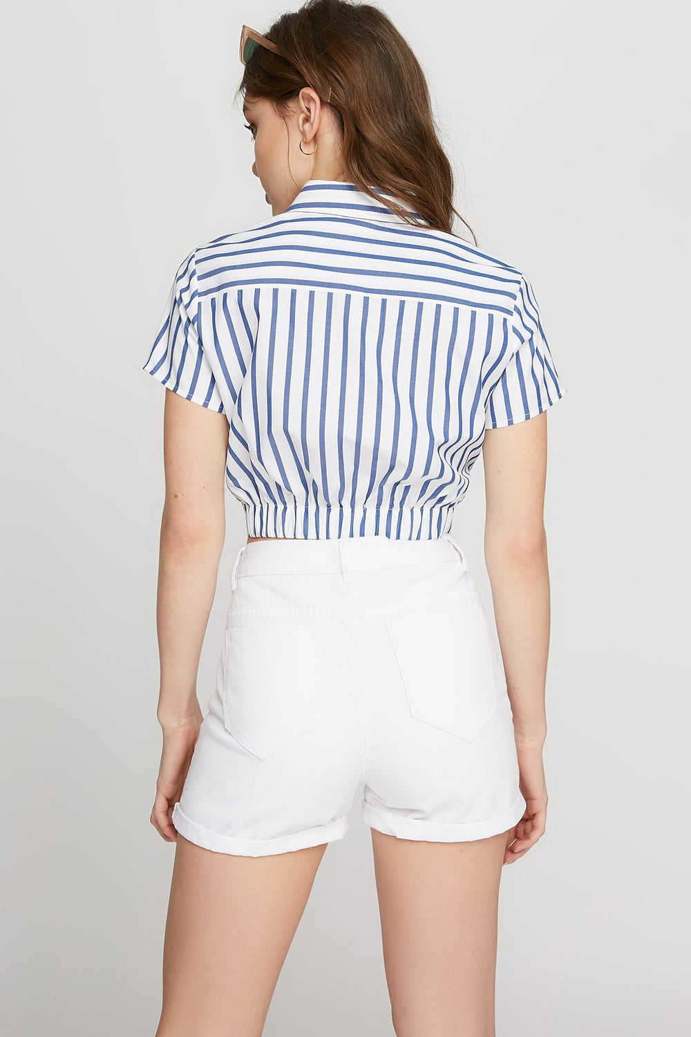 Women Striped Front-Knot Cropped Button-Up Blouse Blue