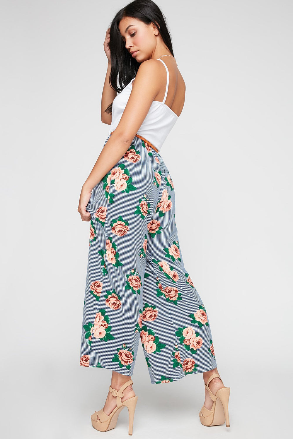 Women V-Neck Cami Floral Printed Jumpsuit With Braided Belt Blue