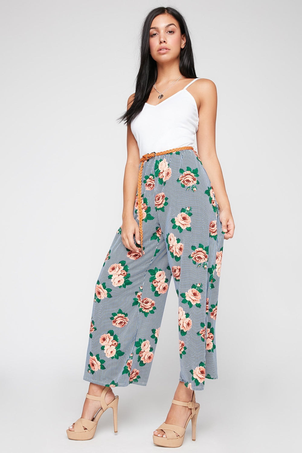 Women V-Neck Cami Floral Printed Jumpsuit With Braided Belt Blue