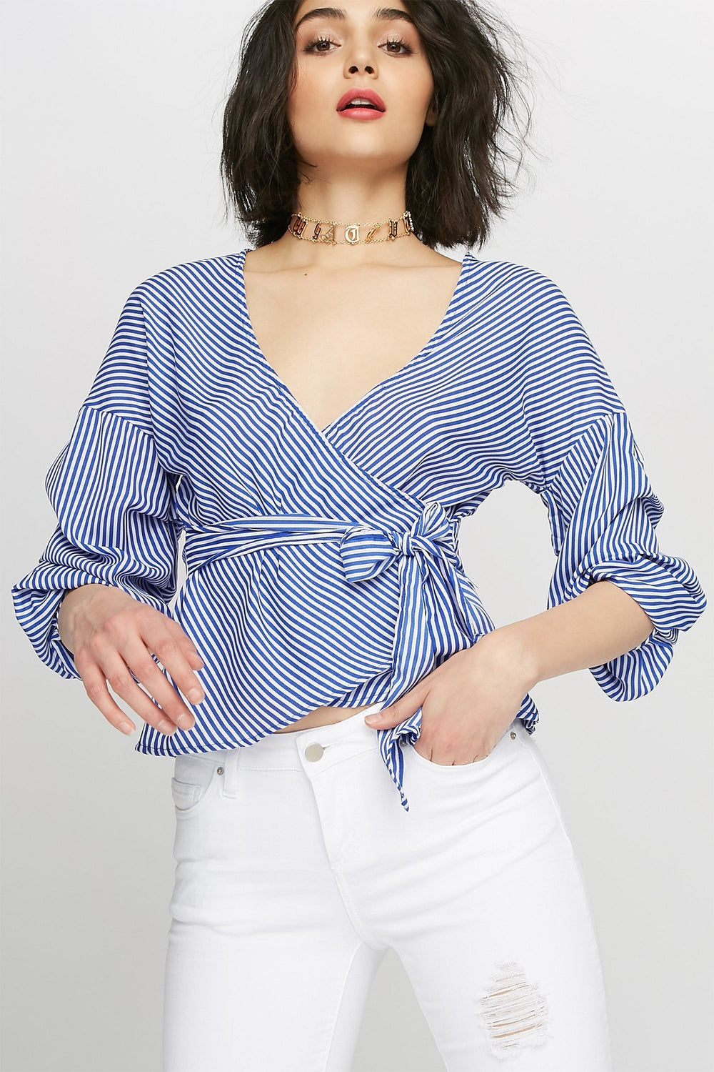 Women V-Neck Ruffle Self-Tie Wrap Blouse Blue