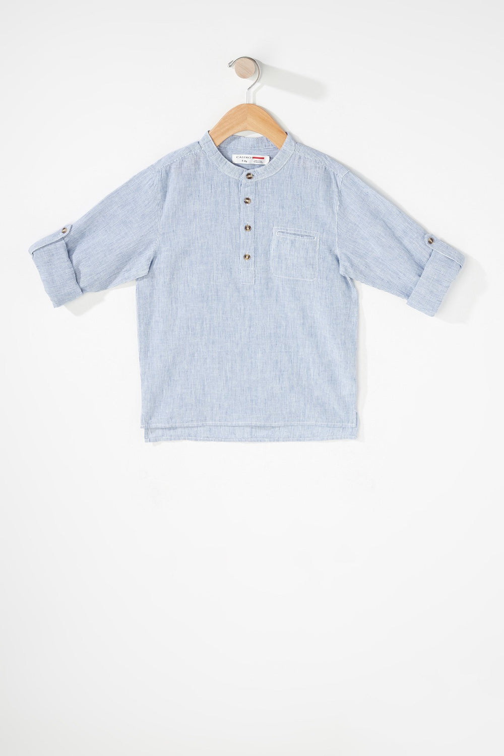 Kids Boys Striped Linen Henley Button-Up Shirt Blue