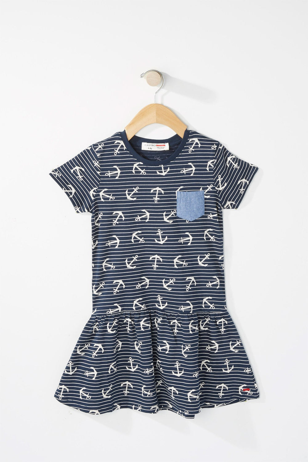 Kids Girls Chambray Pocket Leaf Printed Peplum Dress Blue