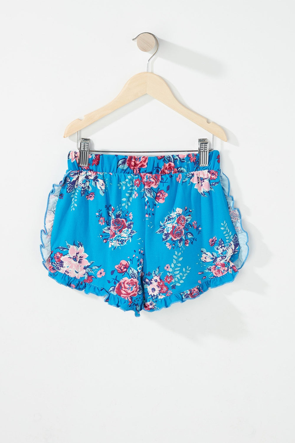 Kids Girls Floral Ruffle Drawstring Short Blue