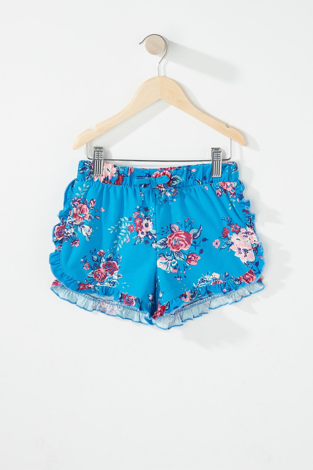 Kids Girls Floral Ruffle Drawstring Short Blue