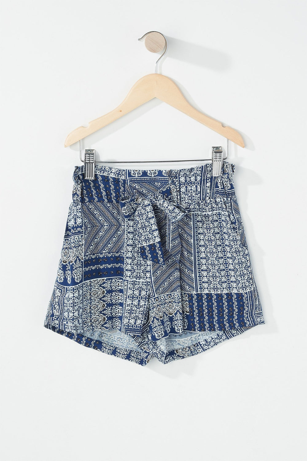 Kids Girls Ruffle Printed Paperbag Self-Tie Short Blue