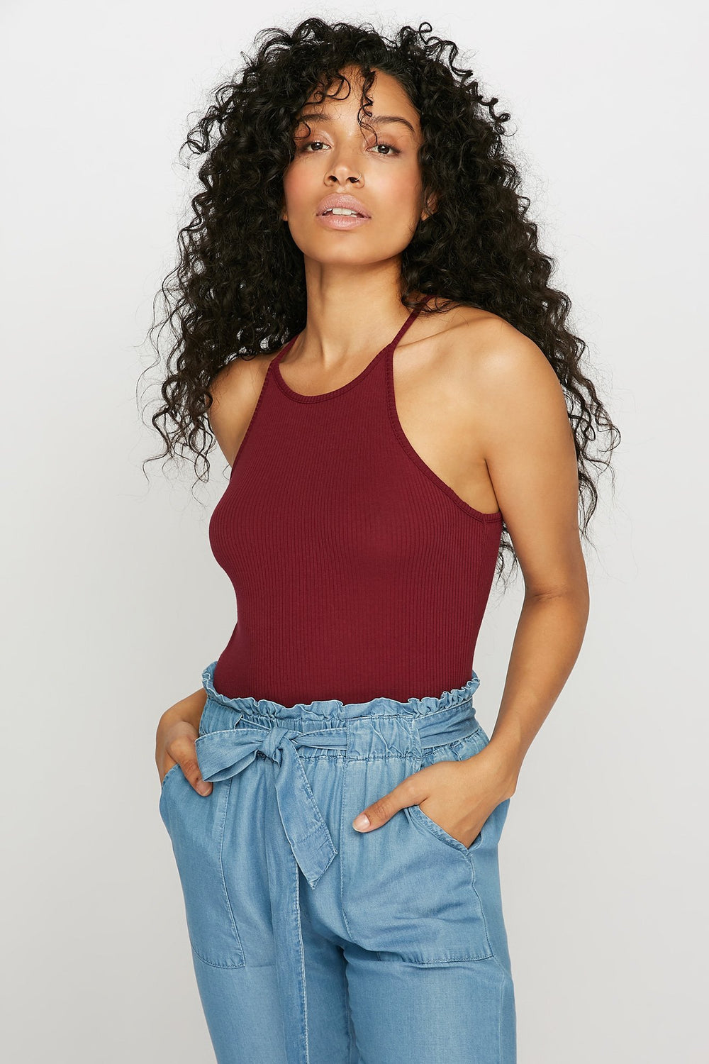 Women Camisole côtelée à col roulé Bourgogne