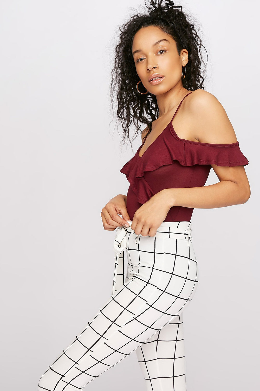 Women Camisole volantée à épaules dénudées et encolure en V Bourgogne