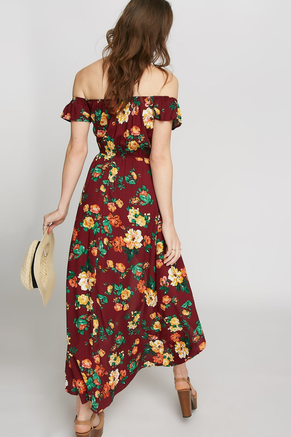 Women Combi-short fleuri à épaules dénudées Bourgogne