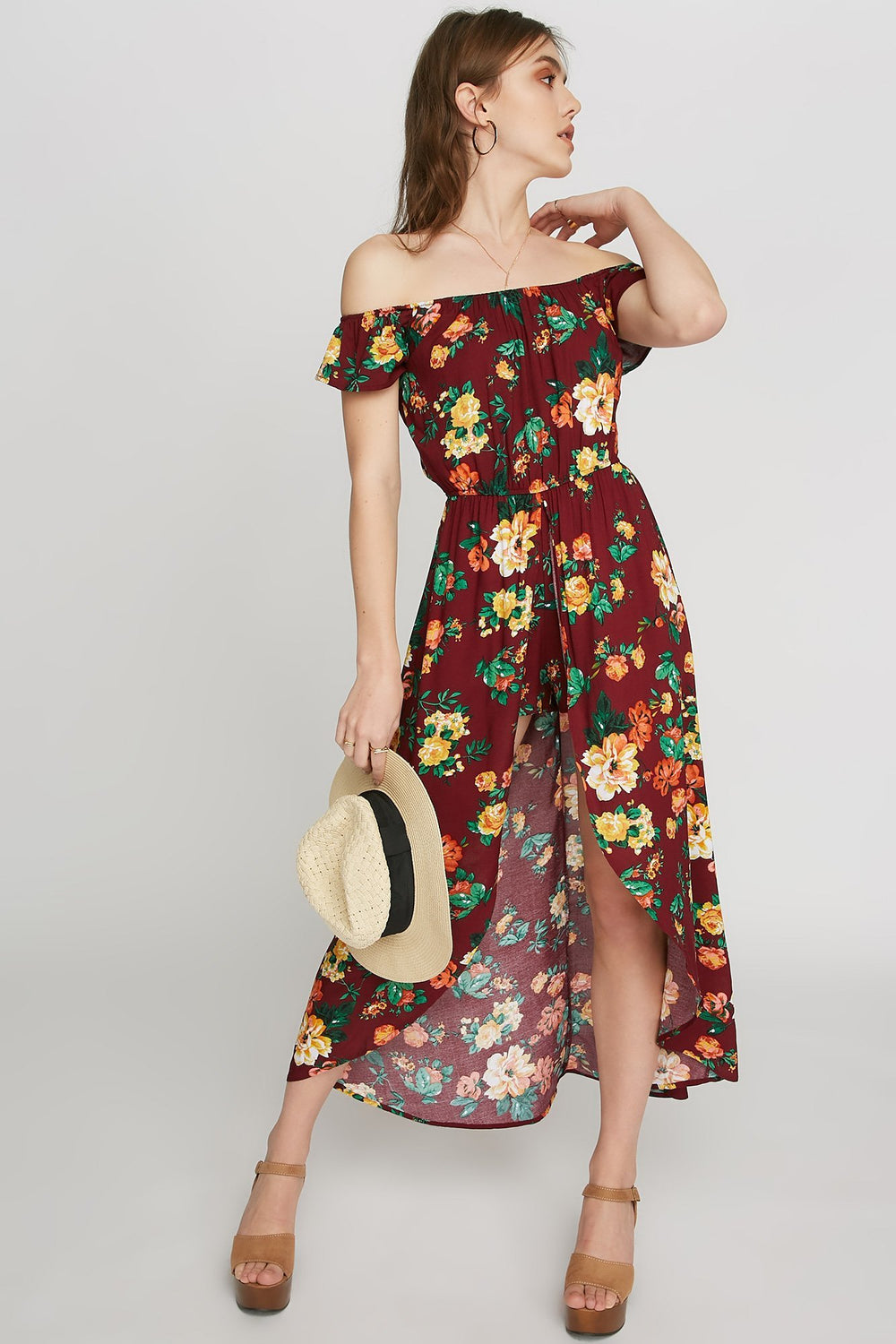 Women Combi-short fleuri à épaules dénudées Bourgogne