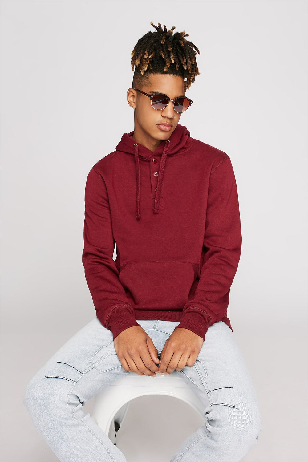 Men Haut henley à capuchon à enfiler avec taille coulissante Bourgogne
