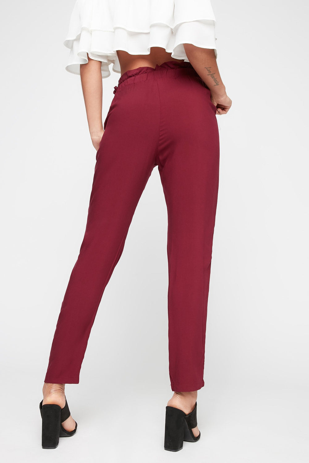 Women Pantalon à taille haute roulée avec attache Bourgogne