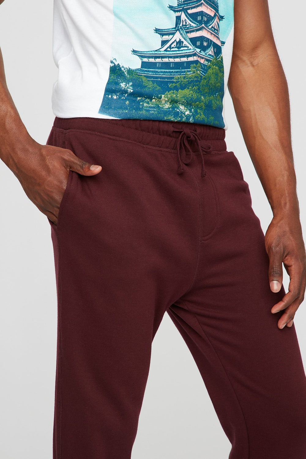 Men Pantalon de jogging mince en molleton à taille coulissante Bourgogne