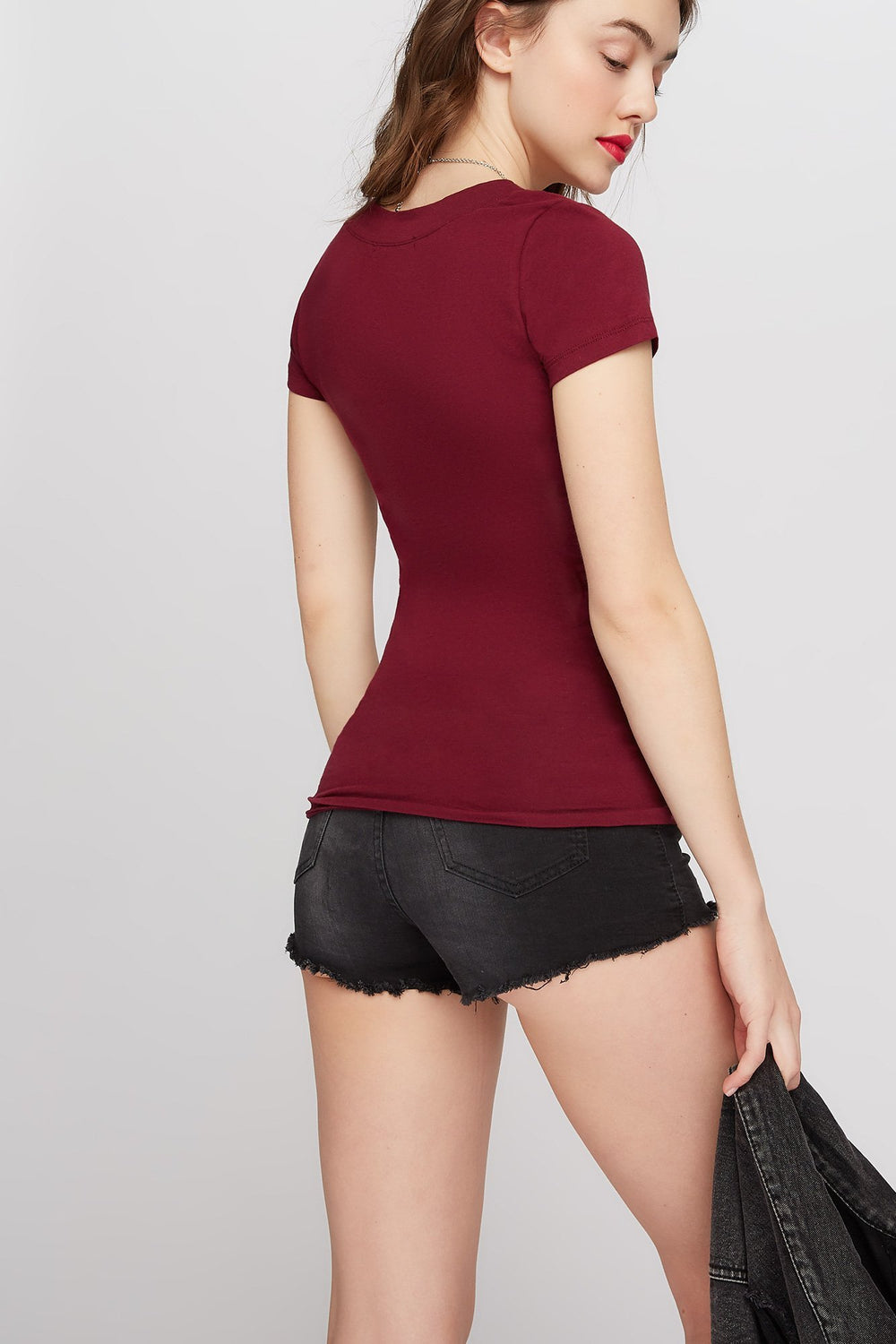 Women T-shirt basique à encolure en V Bourgogne