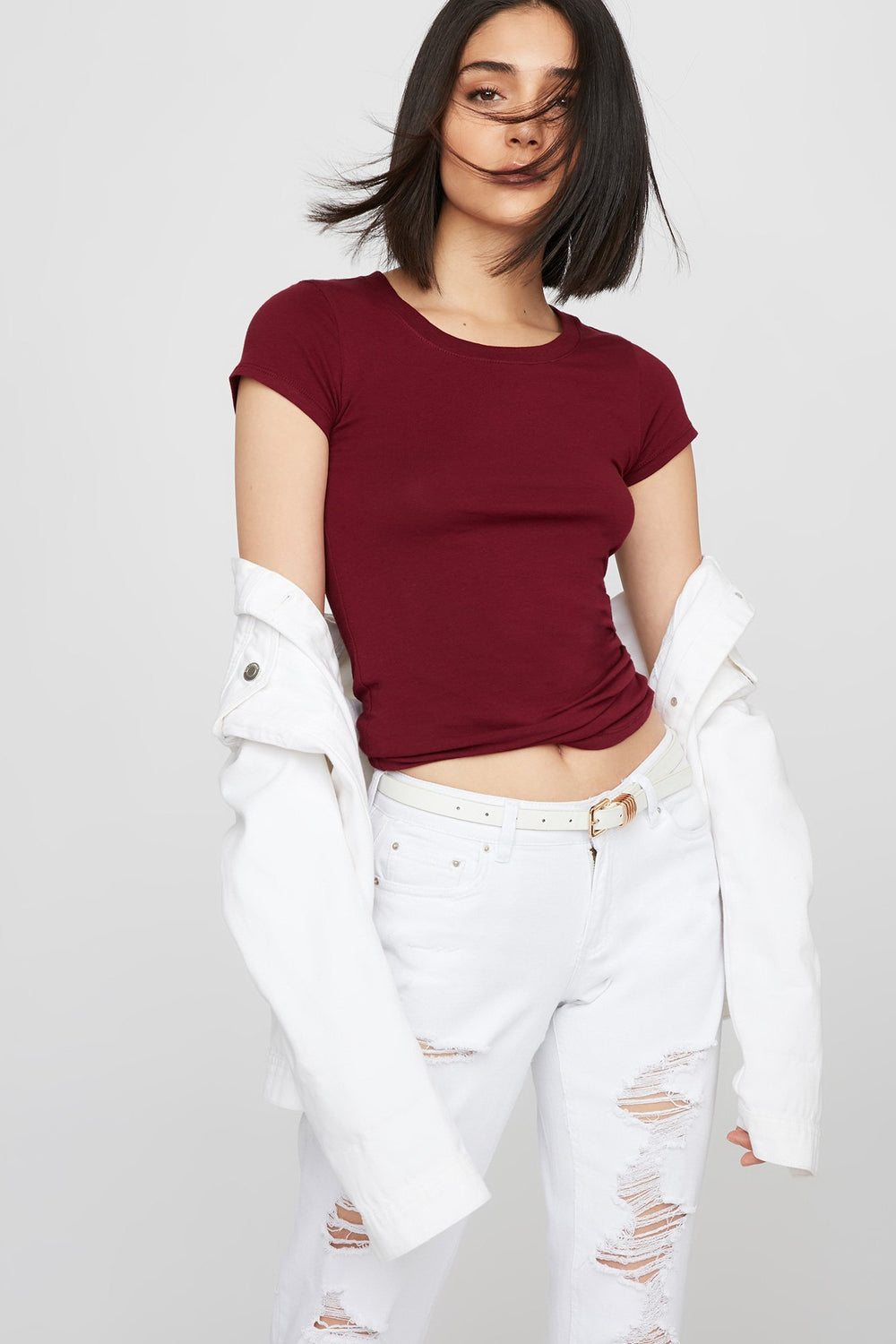 Women T-shirt long de base à encolure arrondie Bourgogne