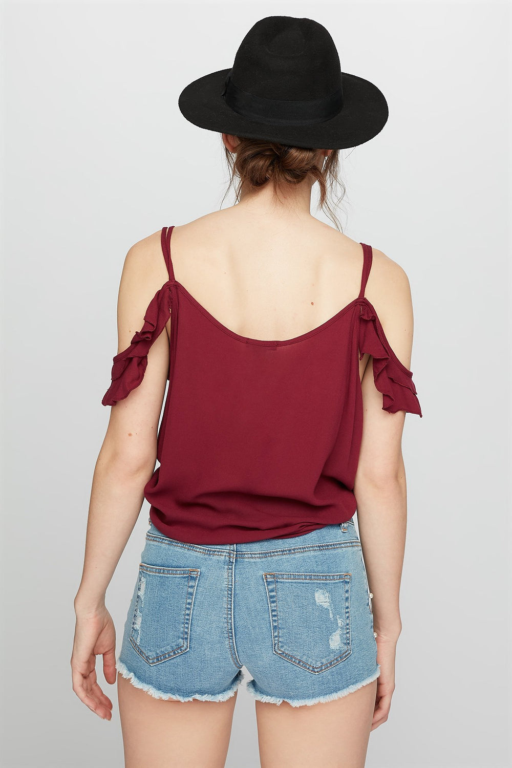 Women T-shirt volanté à motif de cage et épaules dénudées Bourgogne