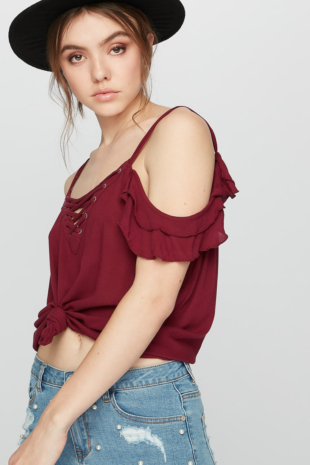 Women T-shirt volanté à motif de cage et épaules dénudées Bourgogne