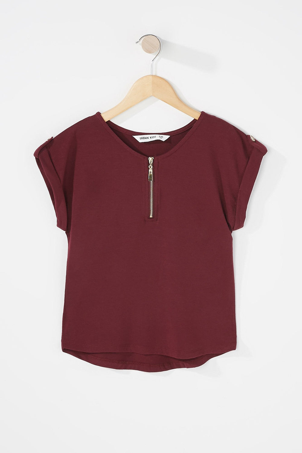 Kids T-shirt à revers roulés et demi-fermeture à glissière pour fille Bourgogne