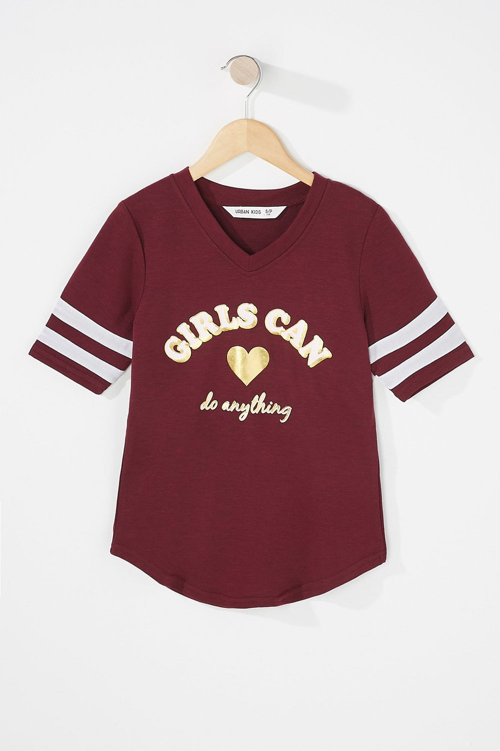 Kids T-shirt imprimé rayé de style universitaire à encolure en V pour fille Bourgogne
