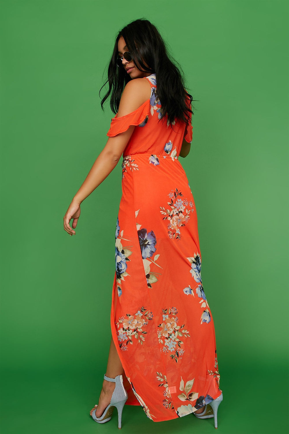 Women Cold Shoulder Floral Ruffle Walkthrough Maxi Dress Bright Red