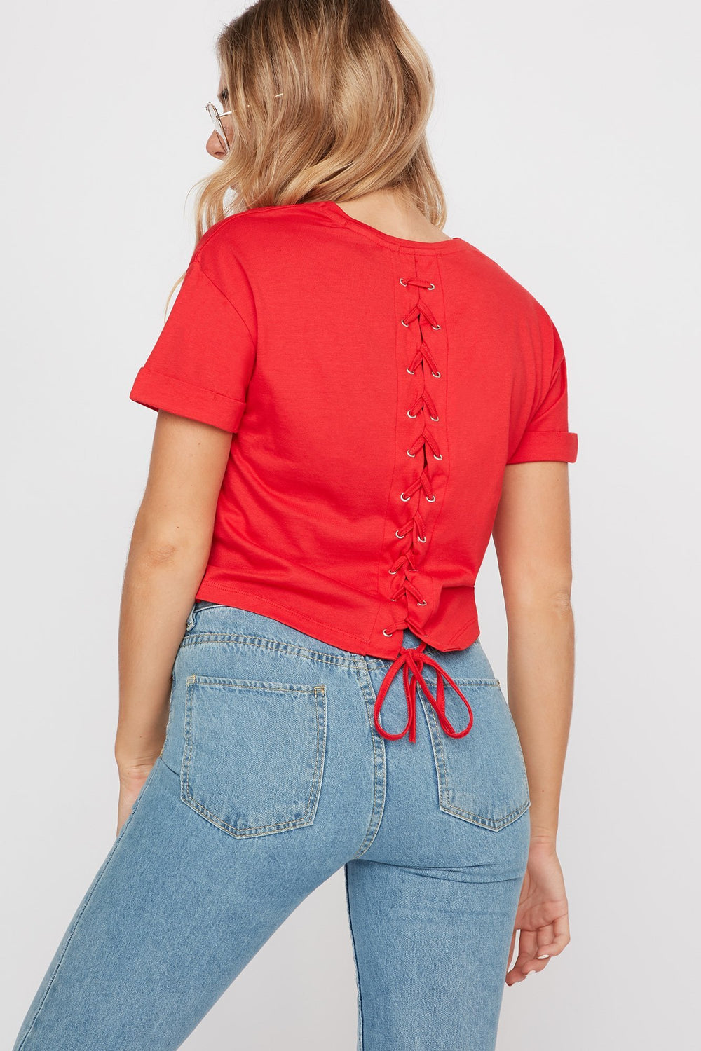 Women Lace-Up Back Cropped T-Shirt Bright Red