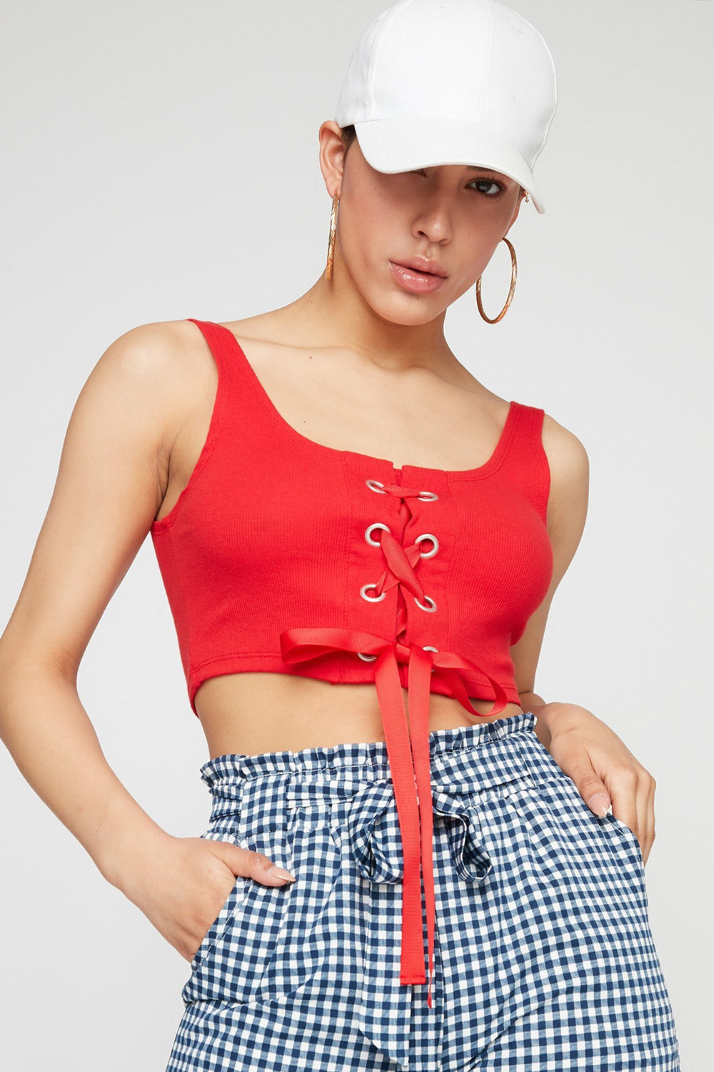 Women Lace-Up Ribbon Cropped Knit Tank Bright Red