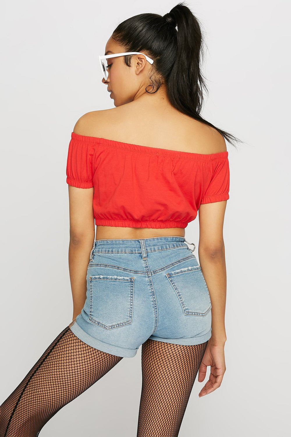 Women Off The Shoulder Cinched Cropped T-Shirt Bright Red