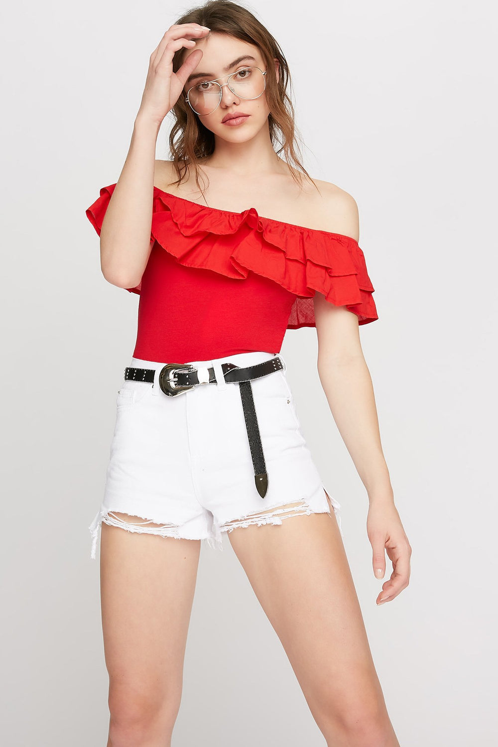 Women Off The Shoulder Ruffle T-Shirt Bright Red