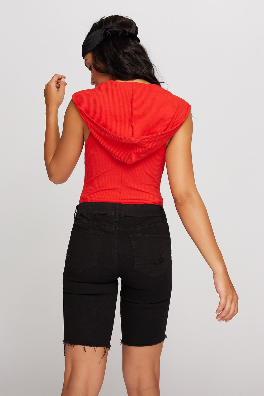 Women Ribbed Hooded Button-Up Bodysuit Bright Red