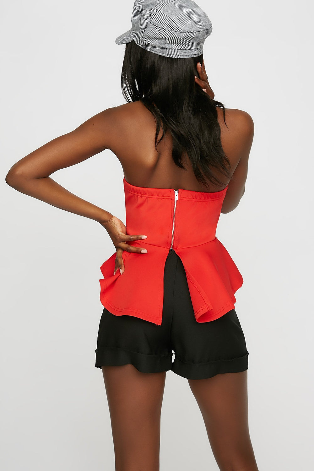 Women Strapless Scuba Ruffle Peplum Blouse Bright Red