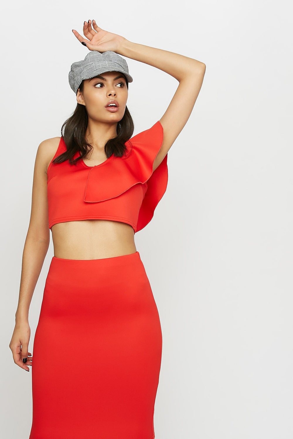 Women V-Neck Ruffle Cropped Tank Bright Red