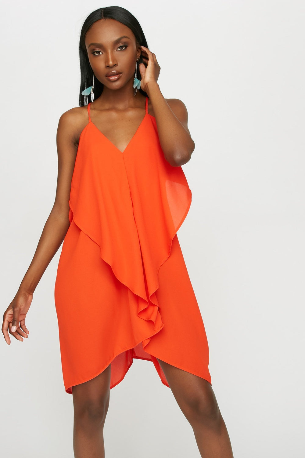 Women V-Neck Ruffle Drape Mini Dress Bright Red