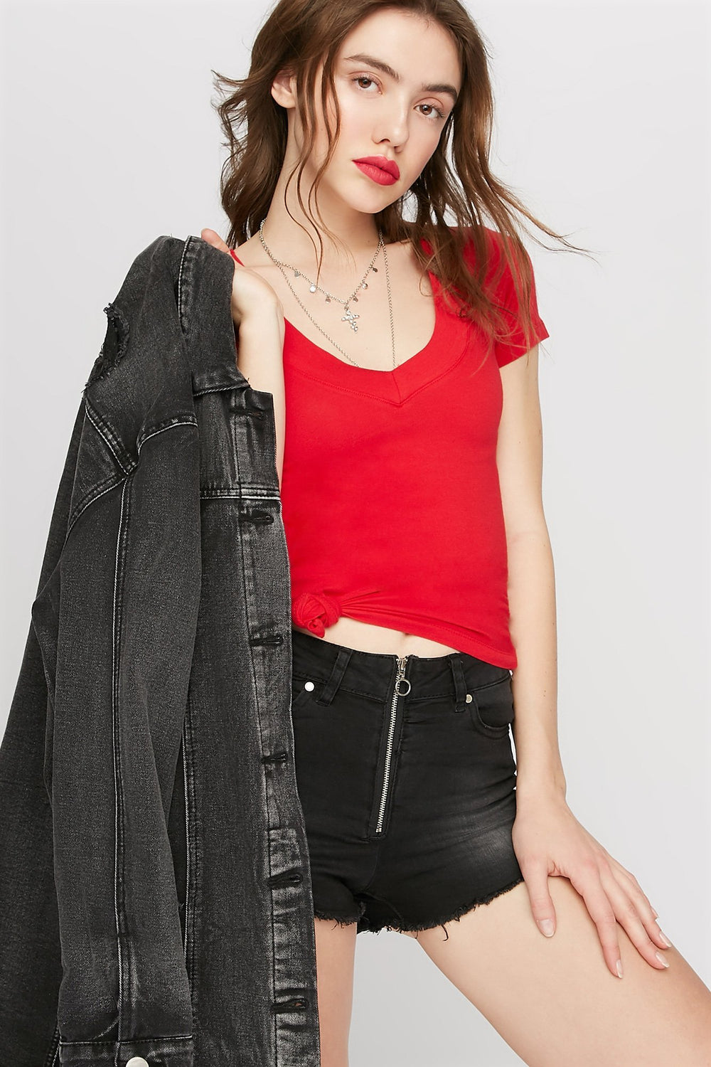 Women Basic V-Neck T-Shirt Bright Red