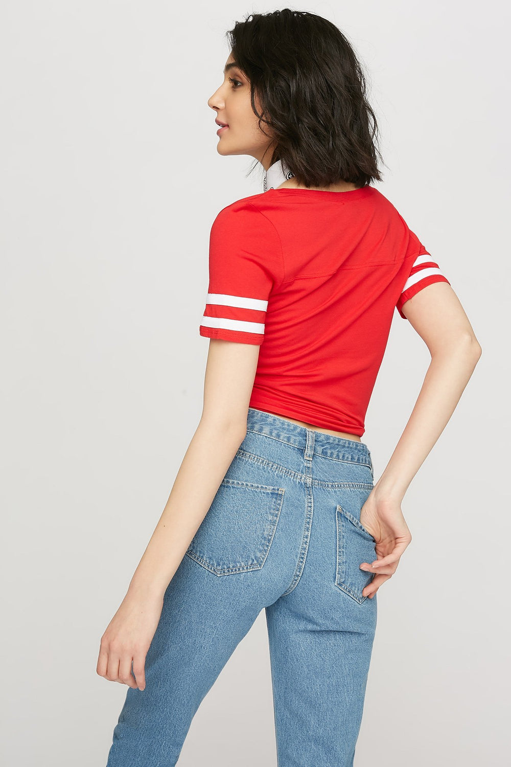 women V-Neck Varsity Striped T-Shirt Bright Red