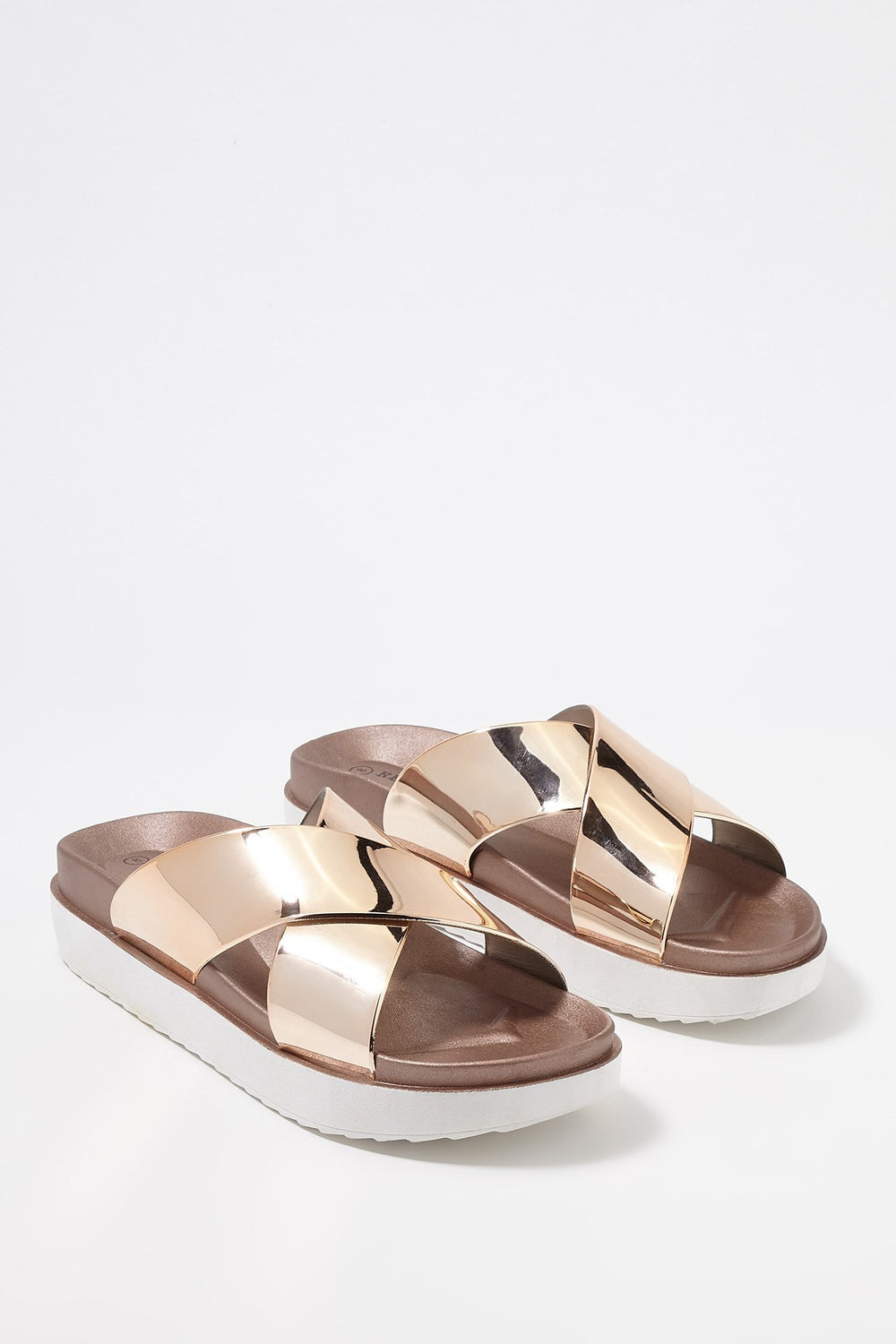 Women Metallic Banded Platform Slider Sandal Bronze