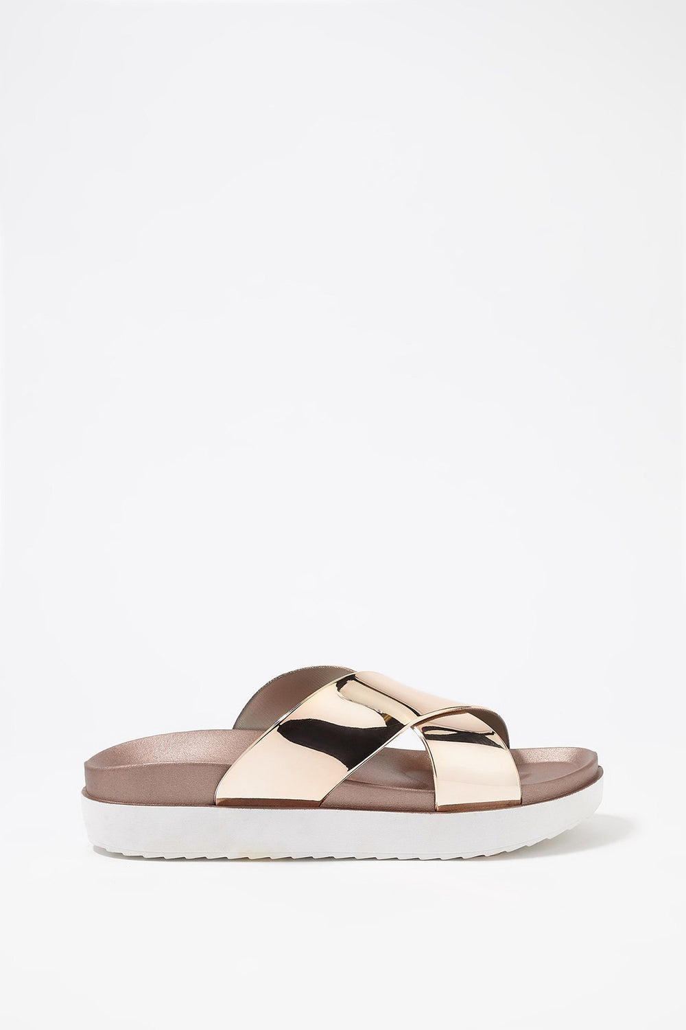 Women Metallic Banded Platform Slider Sandal Bronze
