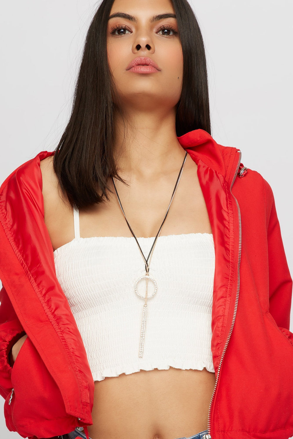 Women Collier long avec pierres du Rhin et breloque de bague Bronze