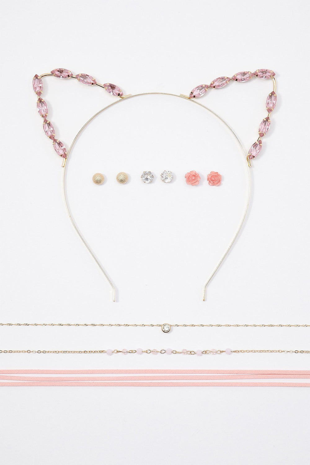 Women Floral Rhinestone Cat Ear Headband Earrings & Necklace Set Bronze
