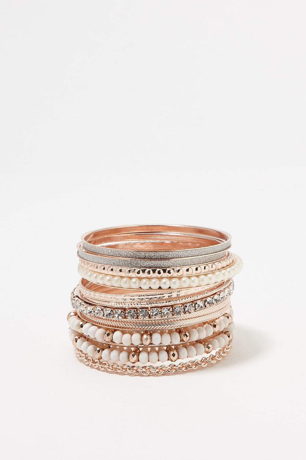 Women Pearl Rhinestone Glitter Bangle Bracelet Set (12 PC) Bronze