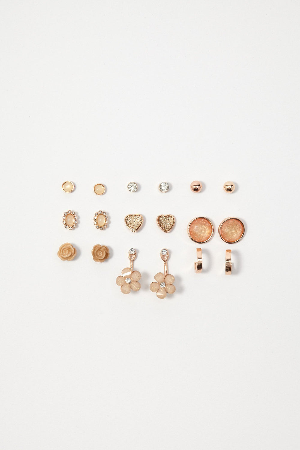 Women Rhinestone Heart & Floral Stud Earrings (9 Pairs) Bronze