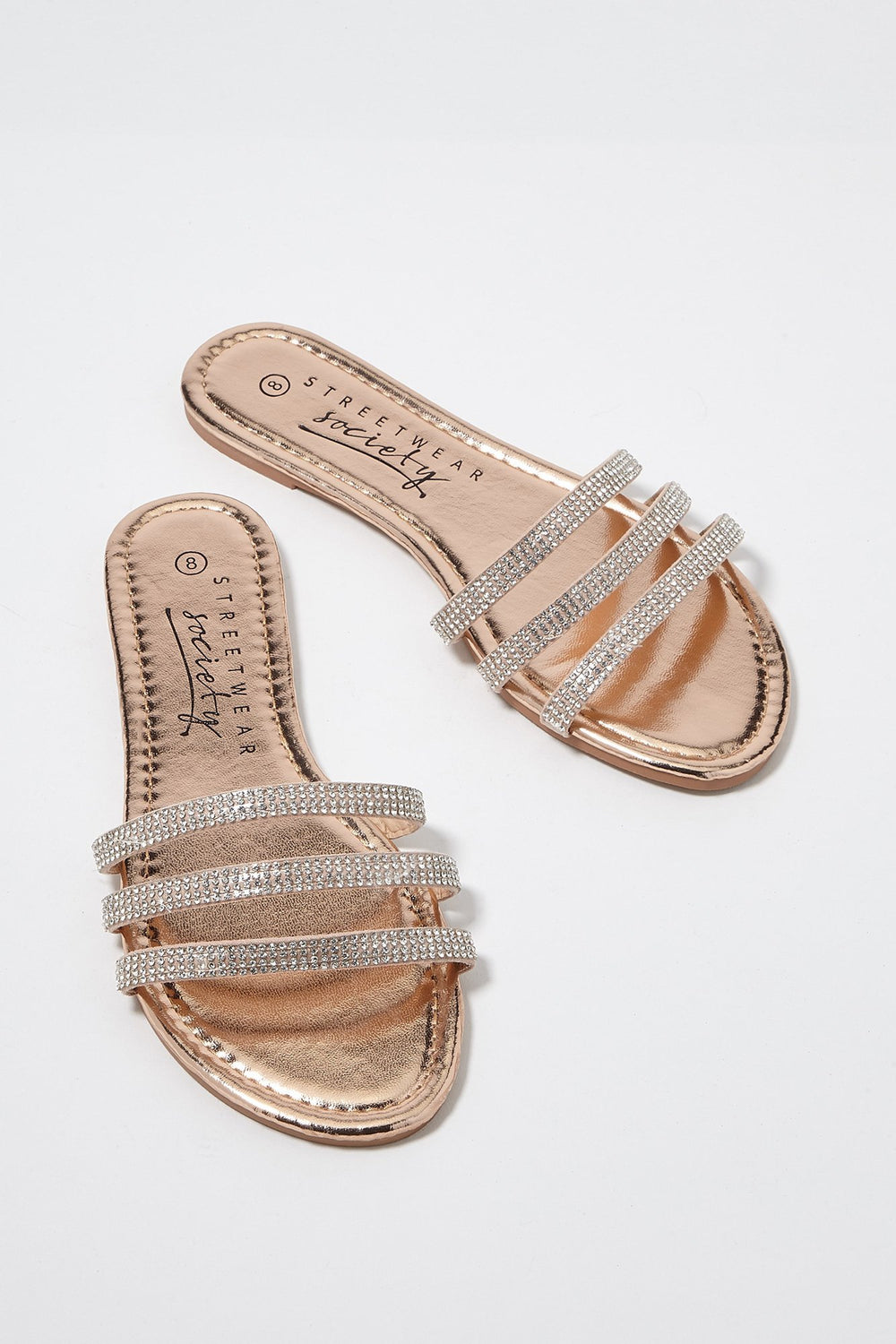 Women Rhinestone Three Band Slip-On Sandal Bronze