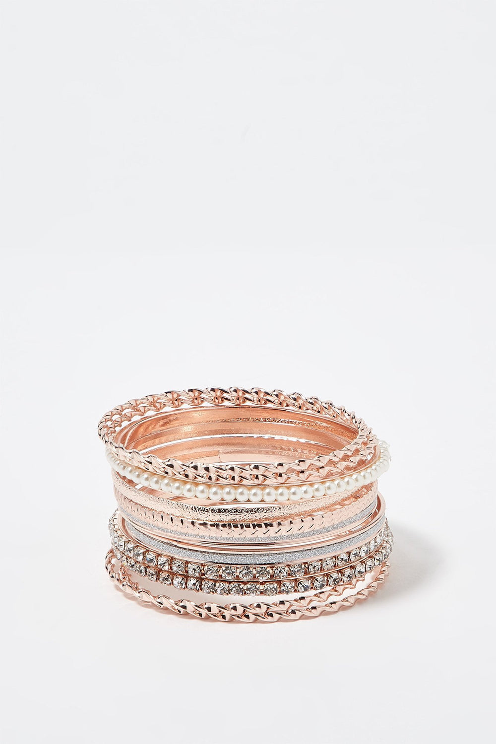 Women Rose-Gold Rhinestone Pearl Glitter Bangle Set (10 PC) Bronze