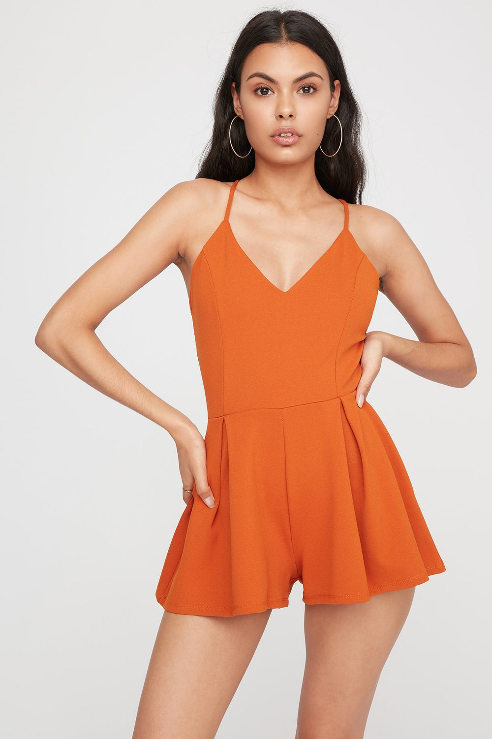 Women Lace-Back V-Neck Pleated Romper Brown
