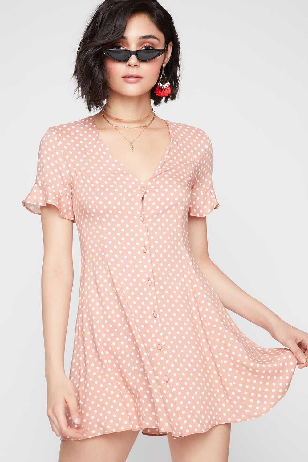 Women Ruffle Bell Sleeve Button-Up Belted Polka Dot Dress Brown