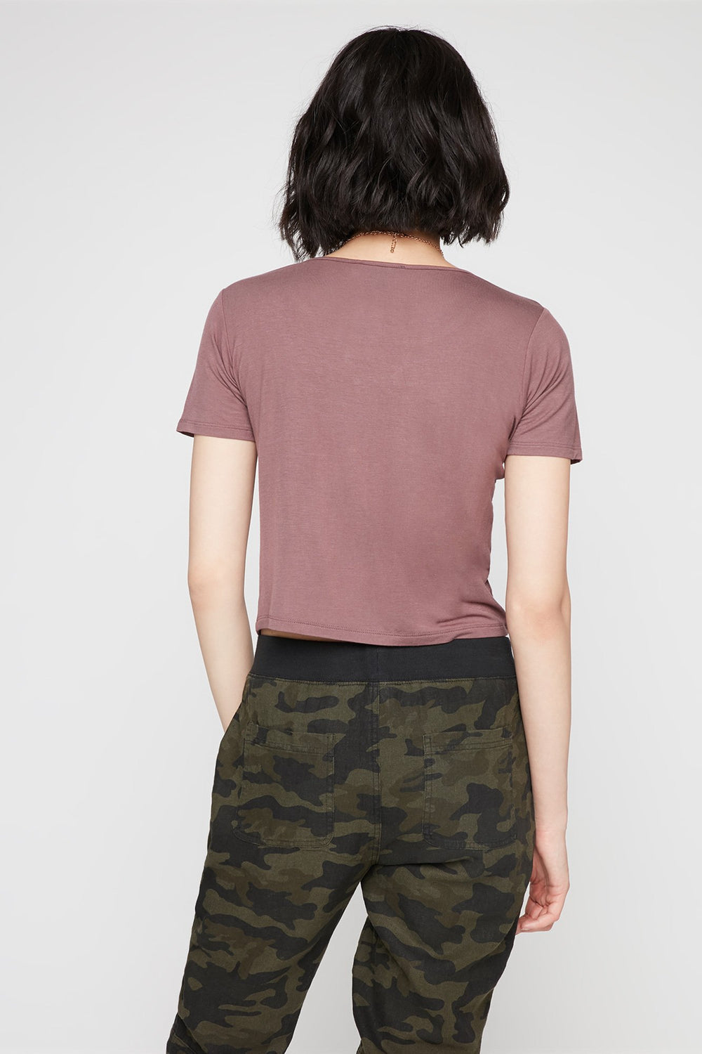 Women Lightweight Caged Neck T-Shirt Brown