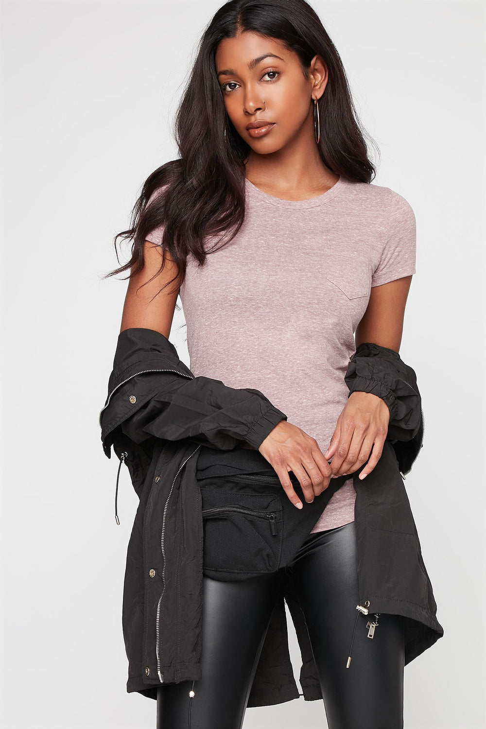 Women Scoop Neck Pocket Basic T-Shirt Brown