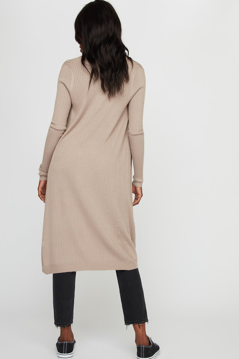 Women Cardigan long ouvert côtelé Brun