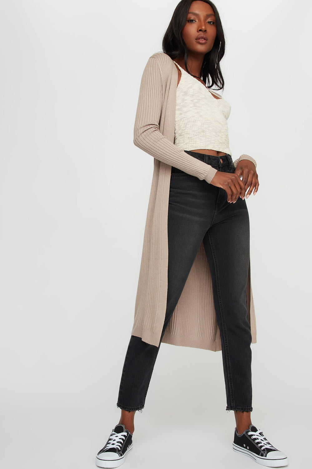 Women Cardigan long ouvert côtelé Brun